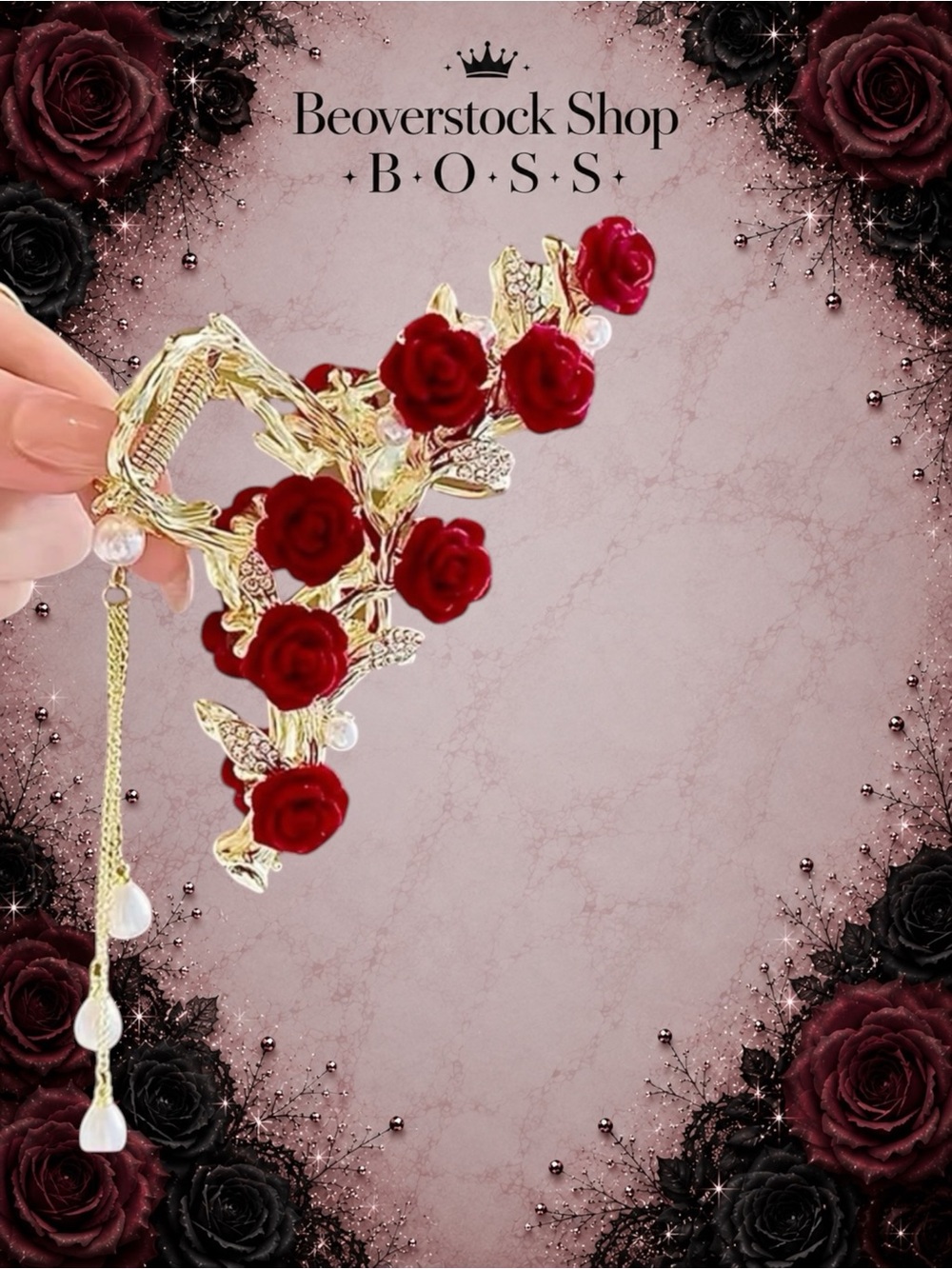 New Gold Rose Vine Hair Clip with Pearls & Rhinestone Leaves